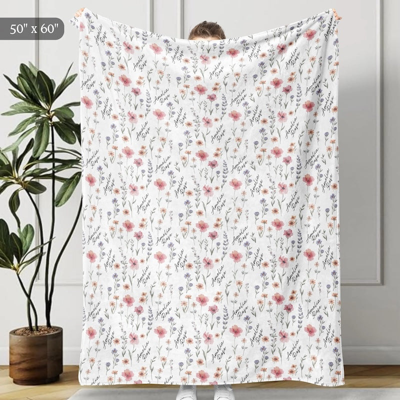 Personalized Wildflower Baby Blanket, Custom Baby Name Blanket, Newborn Girl Nursery Decor, Newborn Swaddle, Hospital Blanket, Gift for Baby