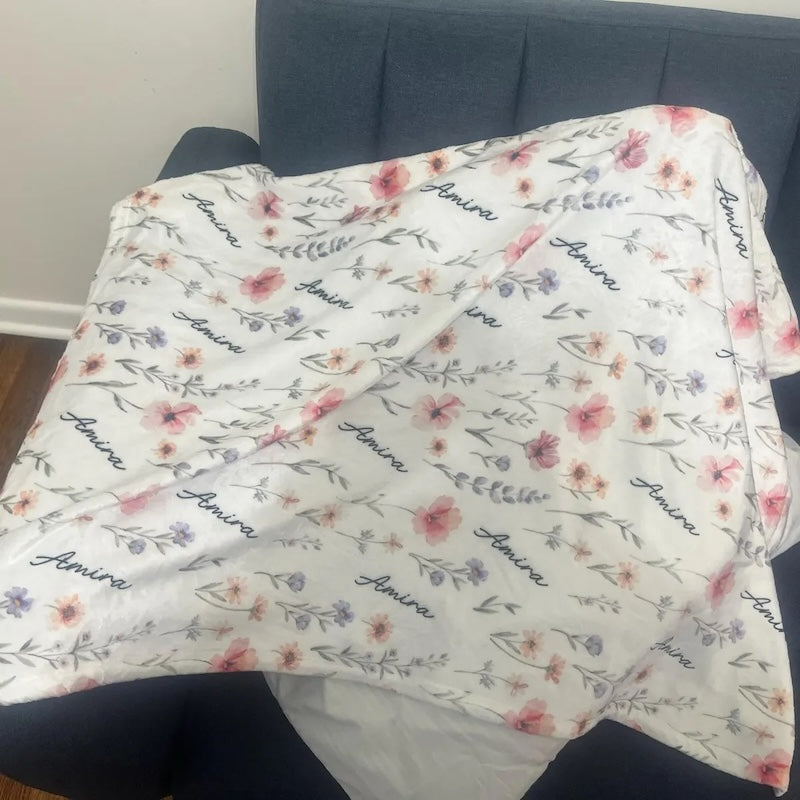 Personalized Wildflower Baby Blanket, Custom Baby Name Blanket, Newborn Girl Nursery Decor, Newborn Swaddle, Hospital Blanket, Gift for Baby