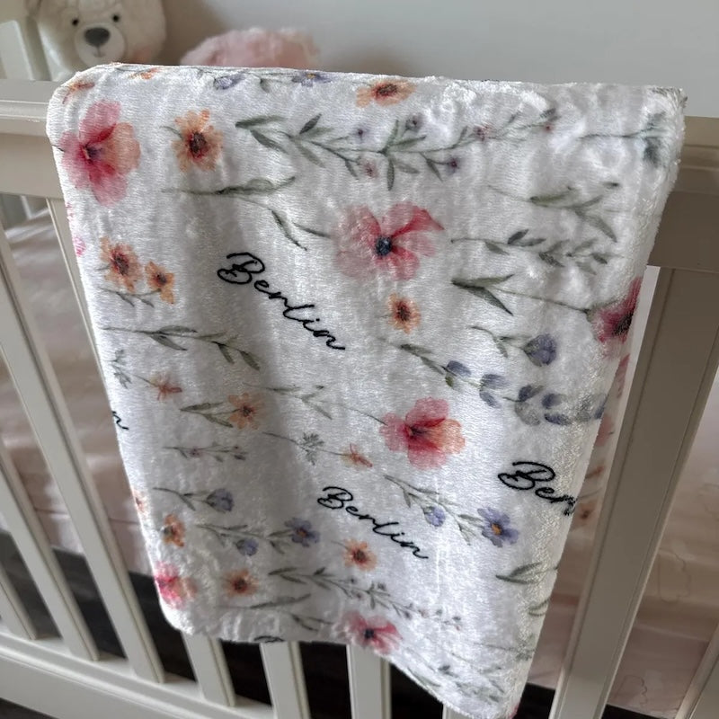 Personalized Wildflower Baby Blanket, Custom Baby Name Blanket, Newborn Girl Nursery Decor, Newborn Swaddle, Hospital Blanket, Gift for Baby