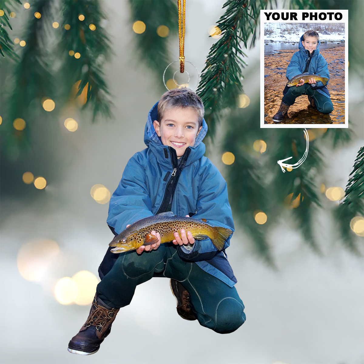 Custom Photo Kid Fishing Ornament Gift For Gift For Fishing Lovers, Family Members, Kids