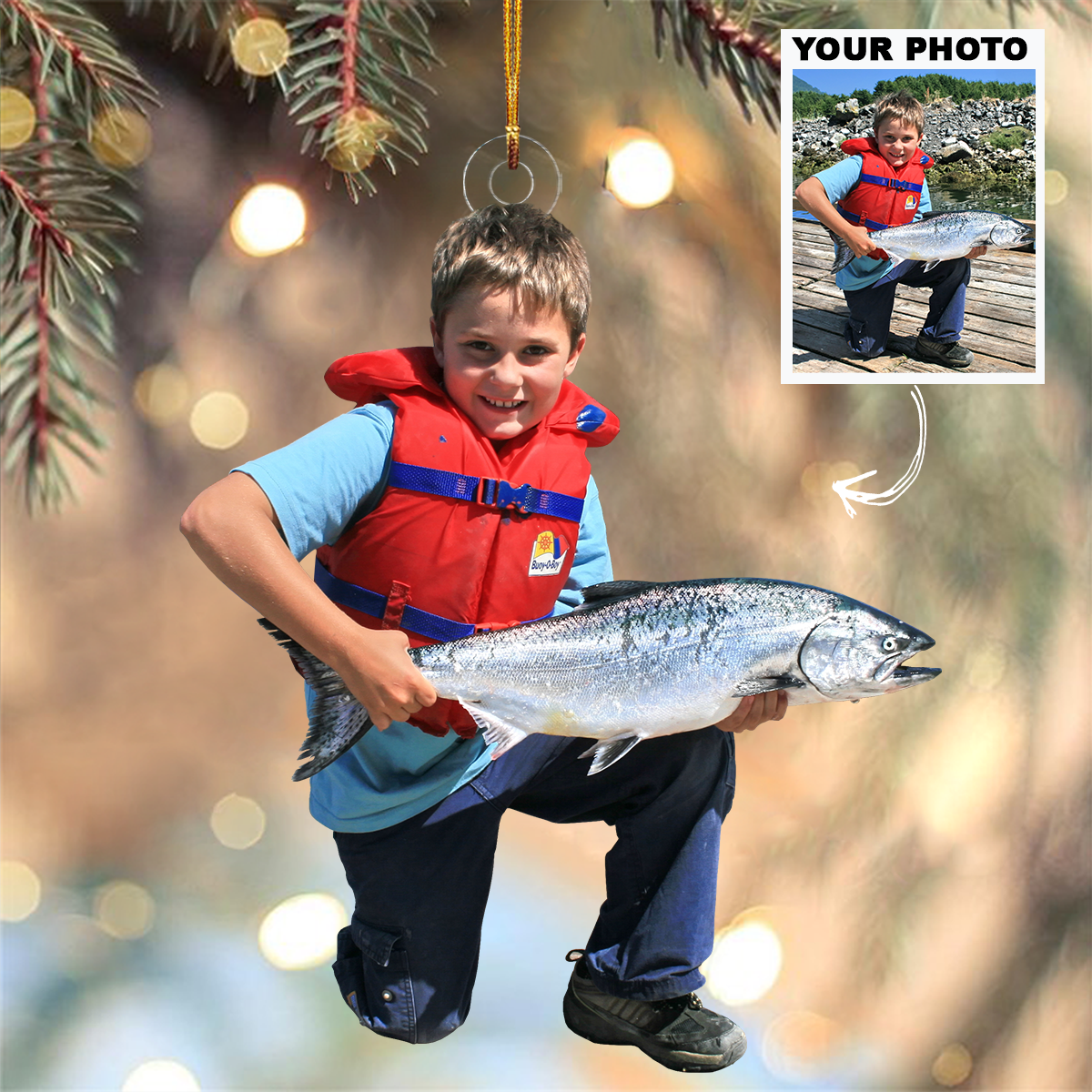 Custom Photo Kid Fishing Ornament Gift For Gift For Fishing Lovers, Family Members, Kids - Custom Upload Photo Fisherman