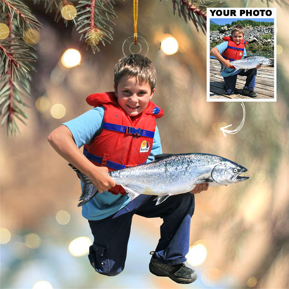 Custom Photo Kid Fishing Ornament Gift For Gift For Fishing Lovers, Family Members, Kids