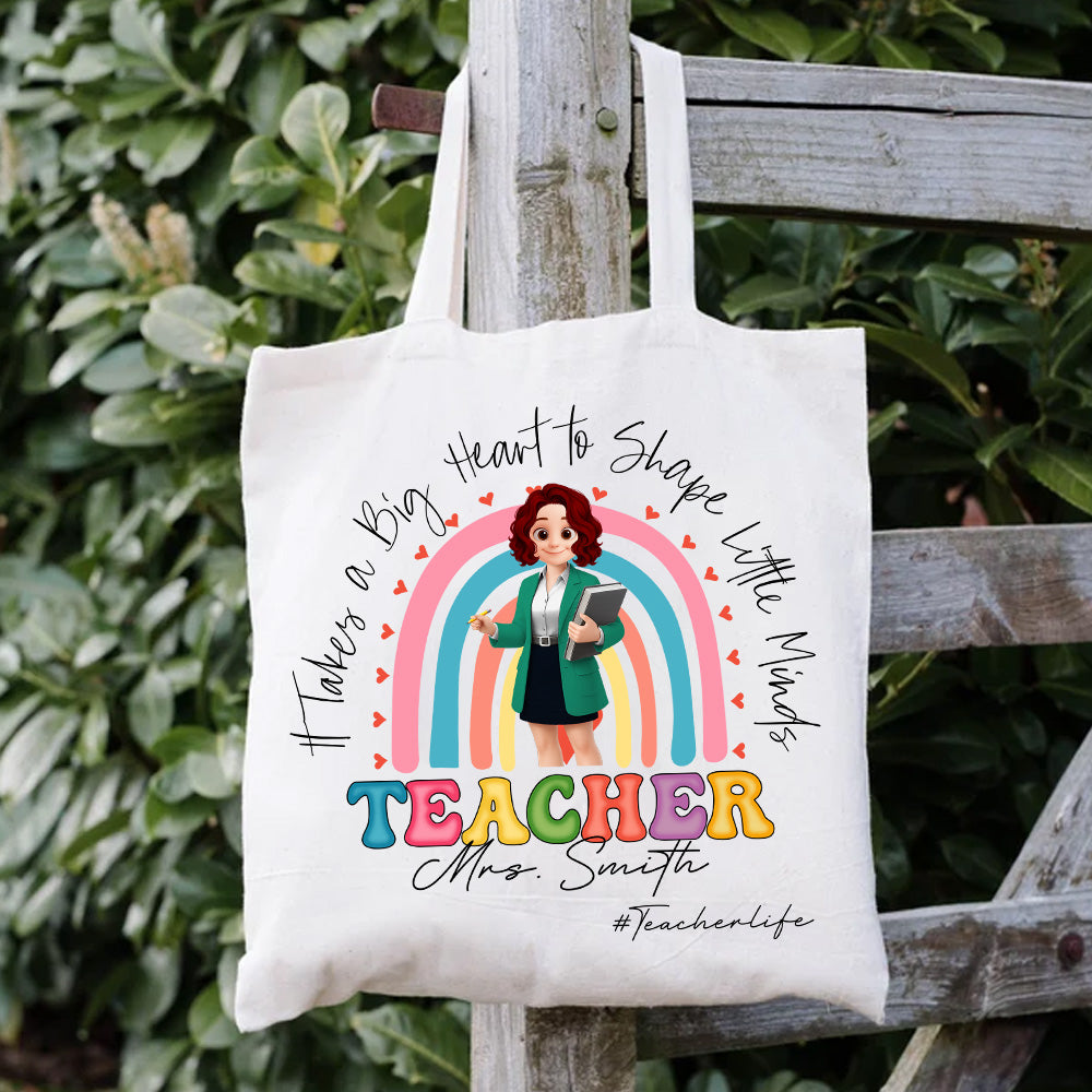 Personalized Teacher Tote Bag "It Takes a Big Heart", Custom Name, Teacher Appreciation Gift T1807