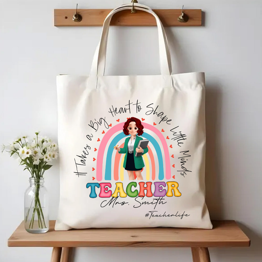 Personalized Teacher Tote Bag "It Takes a Big Heart", Custom Name, Teacher Appreciation Gift T1807