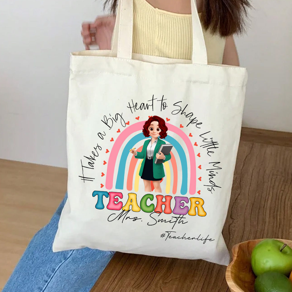 Personalized Teacher Tote Bag "It Takes a Big Heart", Custom Name, Teacher Appreciation Gift T1807