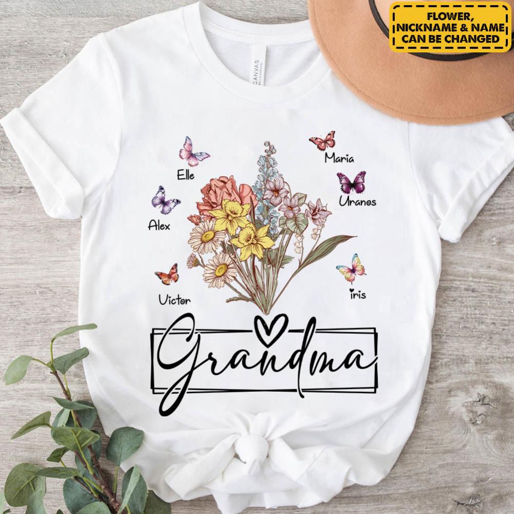 Personalized Wildflower Grandma And Butterfly Kids Shirt - Mother's Day Gift