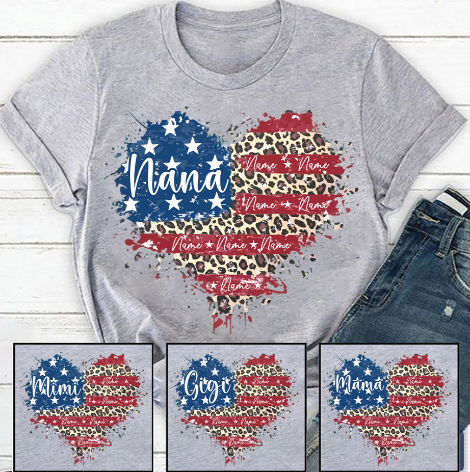 Custom Grandma American Flag Heart Shirt with Kids names, 4th of July Shirt