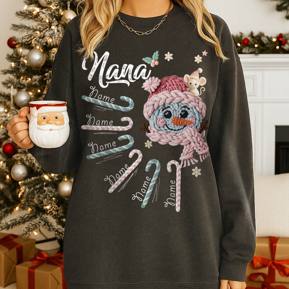 Personalized Grandma Crochet Faux Yarn Crochet Snowman Christmas Shirt, Custom Grandma Nana Mimi Christmas Shirt