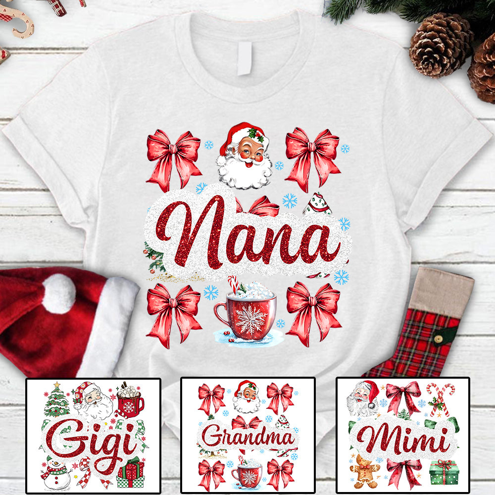 Personalized Grandma Coquette Christmas Shirt, Custom Christmas Tree Santa Hot Cocoa Candy Cane Xmas Tree Cake Shirt For Grandma