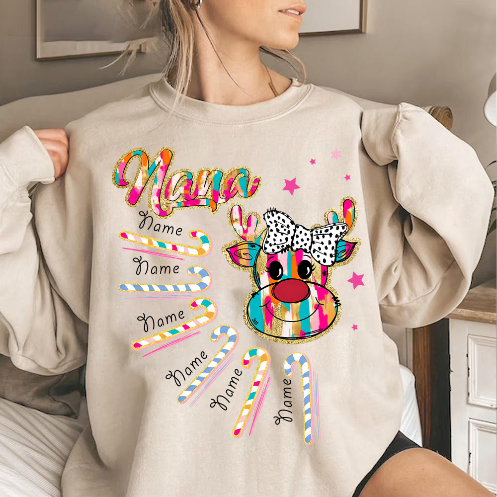 Personalized Grandma Colorful Glitter Christmas Reindeer Shirt With Grandkids Name, Grandma Nana Christmas Gift