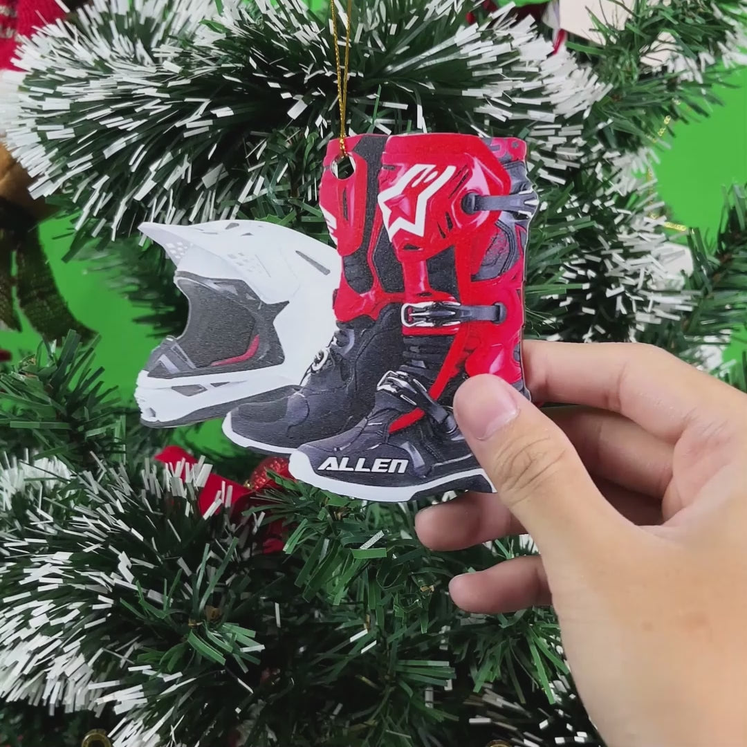 Load video: Personalized Ornament Motocross Boots Hemlet Custom Shaped Ornament, Made By Acrylic And The 2 Sides Are The Same H2511