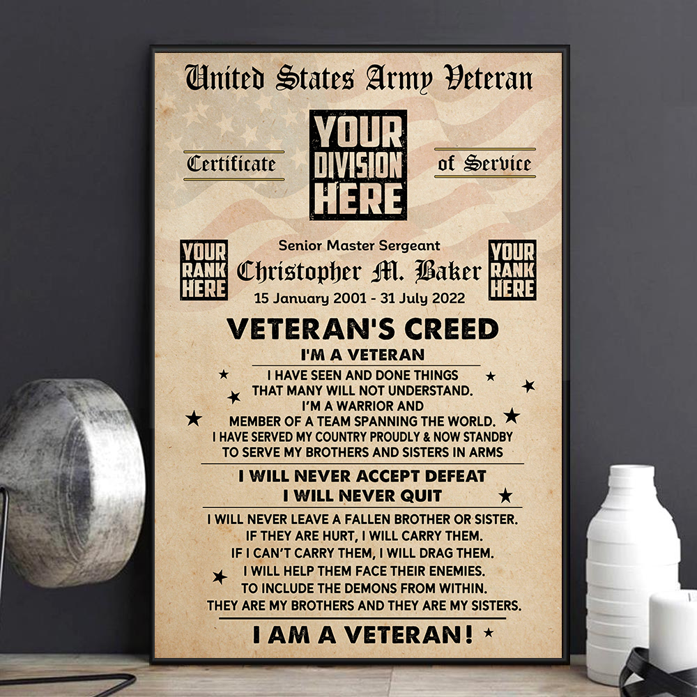 Veteran's Creed Custom Poster and Canvas Vr2 Personalized Gift For Veteran K1702