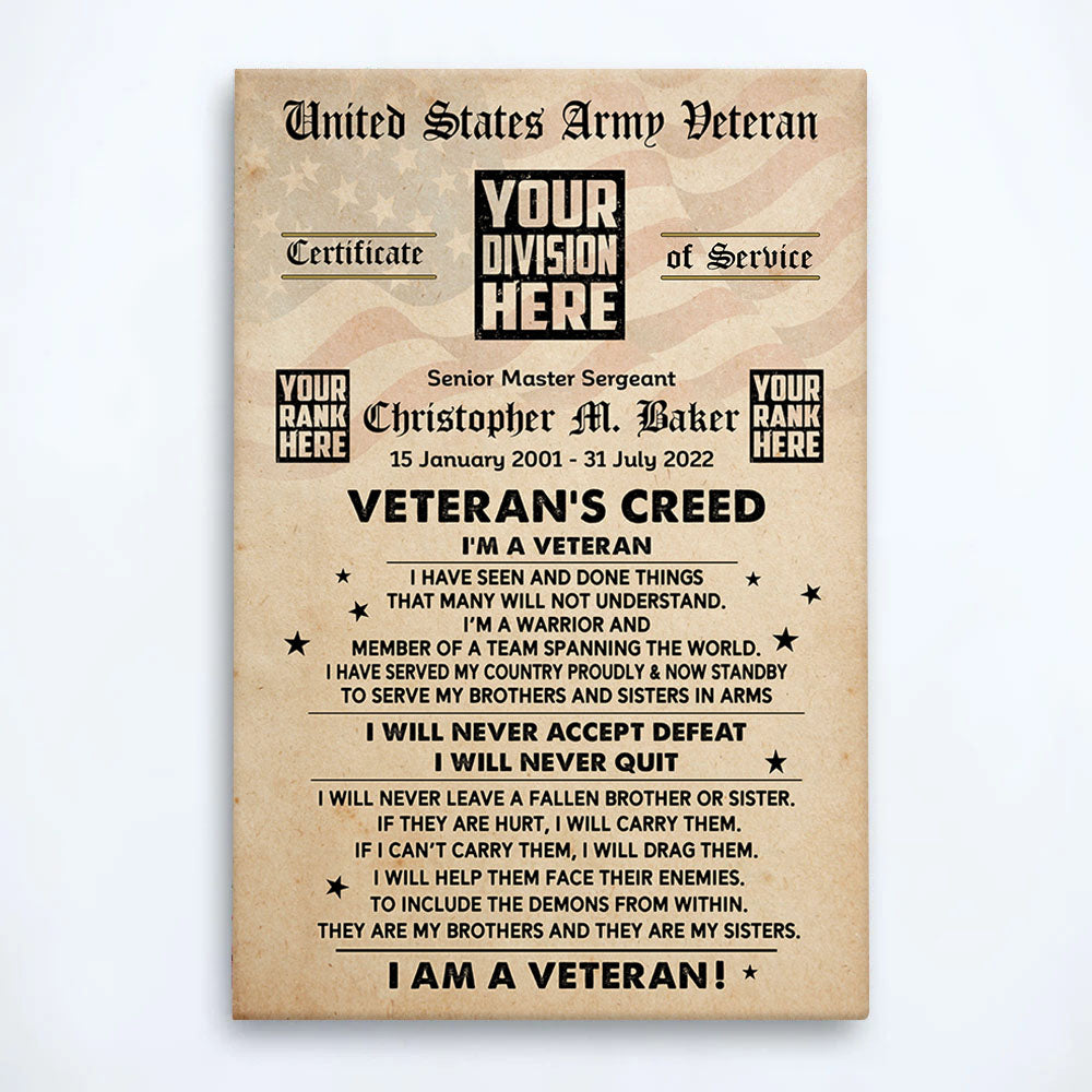 Veteran's Creed Custom Poster and Canvas Vr2 Personalized Gift For Veteran K1702