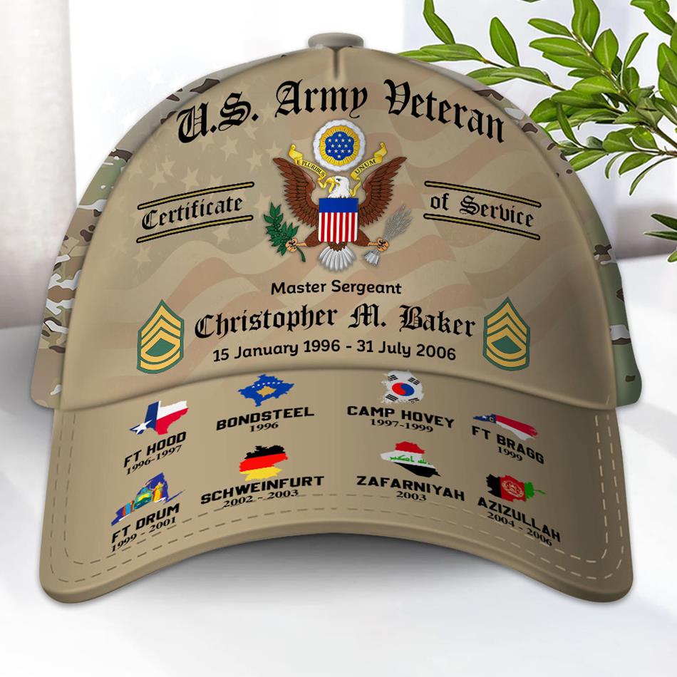 Personalized Cap US Soldier Veteran Certificate Of Service Custom Military Base And All Branch K1702