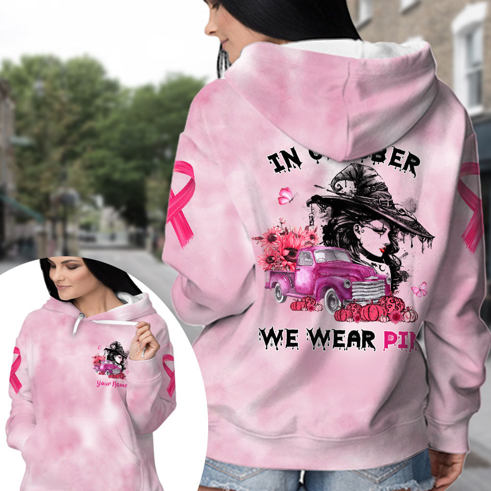 In October We Wear Pink, Shirts For Breast Cancer Family Member, Halloween Truck With Sunflower, Pumpkin & Witch, Name Can Be Changed