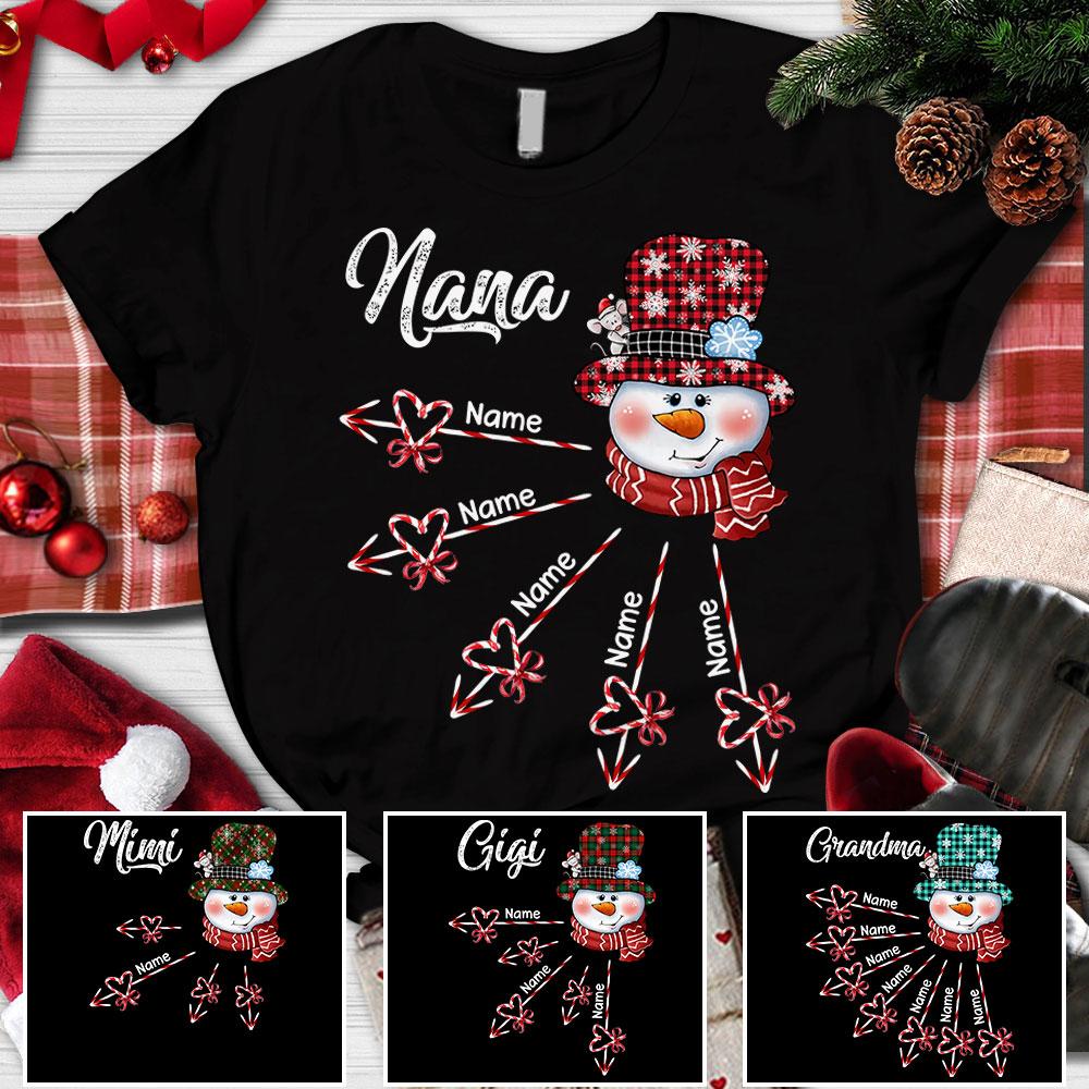 Personalized Nana Snowman Candy Cane Black Shirt, Grandma Nana Christmas Shirt, Custom Nana With Grandkids Name Shirt