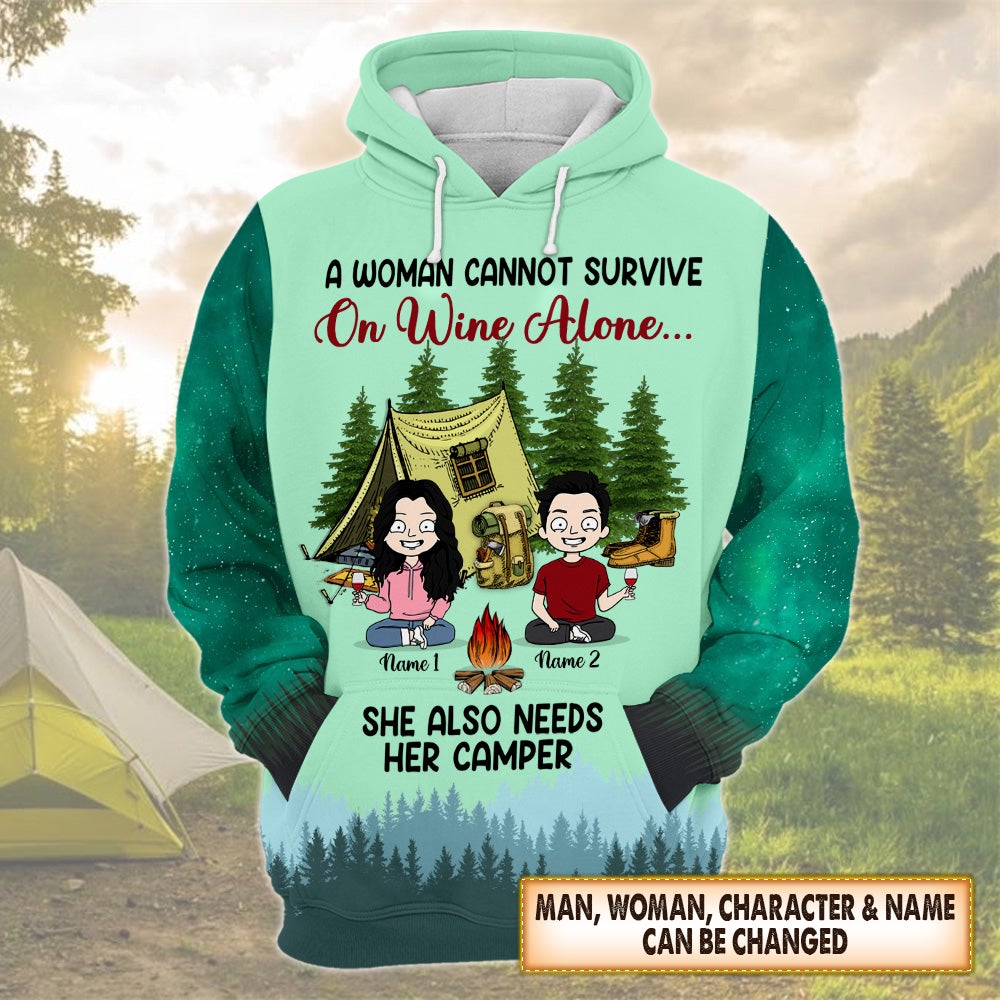 Personalized Couple Camping 3D Shirt A Woman Cannot Survive On Wine Alone Husband And Wife Camping 3D All Over Print Shirt Hoodie Zip Hoodie