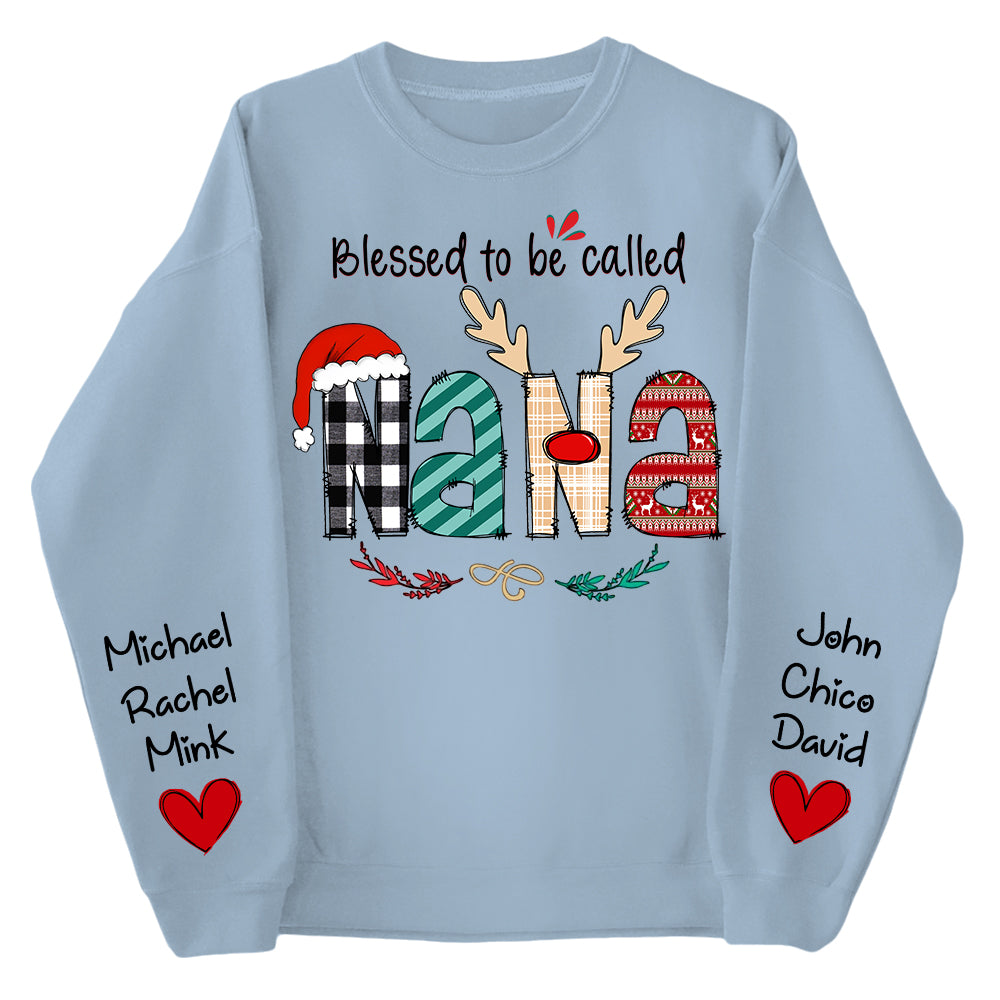 Personalized Blessed To Be Called Nana Christmas Sweatshirt - Grandma With Kids on Sleeve Shirts