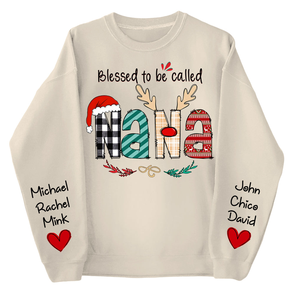 Personalized Blessed To Be Called Nana Christmas Sweatshirt - Grandma With Kids on Sleeve Shirts