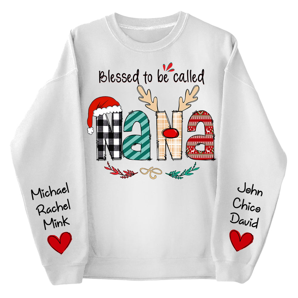 Personalized Blessed To Be Called Nana Christmas Sweatshirt - Grandma With Kids on Sleeve Shirts