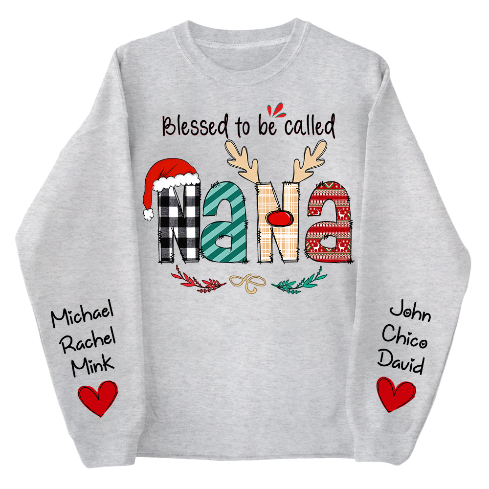 Personalized Blessed To Be Called Nana Christmas Sweatshirt - Grandma With Kids on Sleeve Shirts
