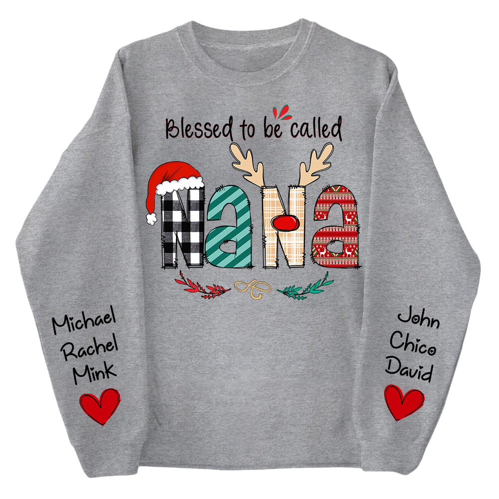 Personalized Blessed To Be Called Nana Christmas Sweatshirt - Grandma With Kids on Sleeve Shirts