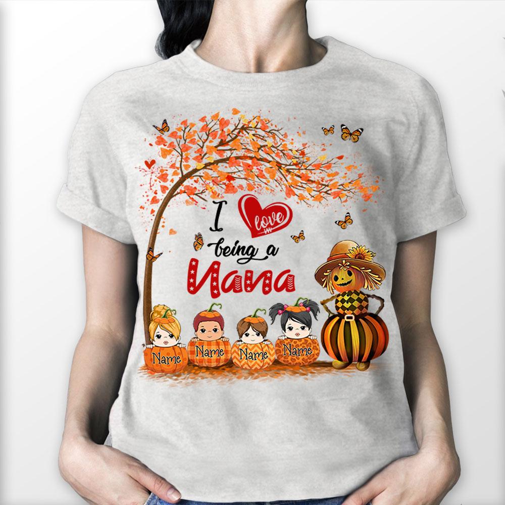 I Love Being A Nana Straw Man Pumpkin Shirt, Grandma Nana Halloween Shirt, Custom Grandma With Grandkids Name Shirt