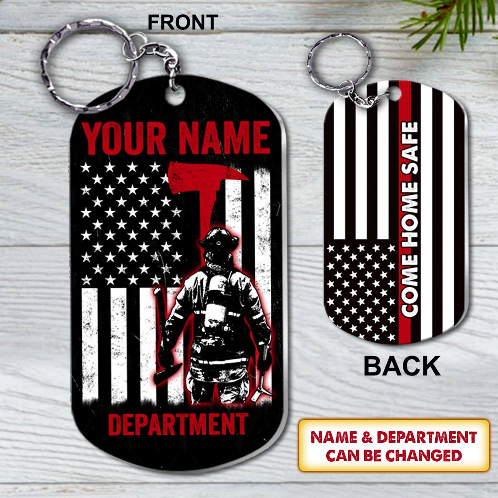Personalized Firefighter Bunker Gear Thin Red Line American Flag Steel Keychain