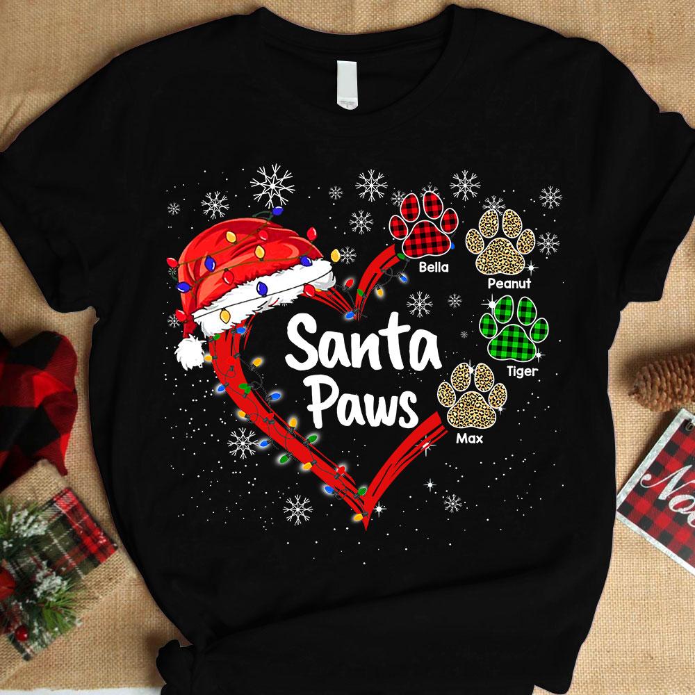 Personalized Santa Paws Heart Christmas Shirt, Funny Dog Mom Christmas Shirt, Dog Dad Christmas Shirt, Custom Dog Name Shirt.