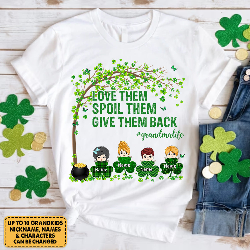 Love Them Spoil Them Give Them Back Lucky Charm Peeking Kids Shirt For Grandma - Personalized St. Patrick's Dayy Gift For Grandma
