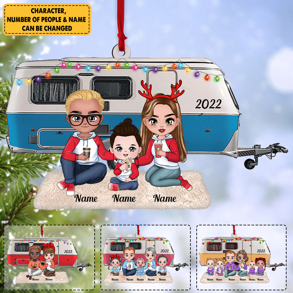 Personalized Young Family Camping With Caravan Camper Christmas Acrylic Ornament