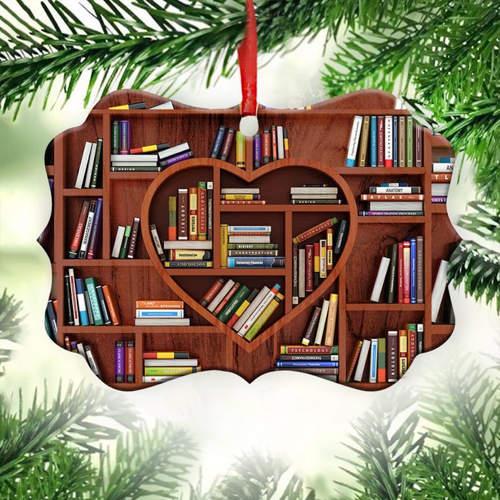 Book Heart Book Shelf Medallion Metal Ornament - Tree Ornament Gift For Her Librarian - Librarian Book Ornament - Lover Bookworm - Bookshelf
