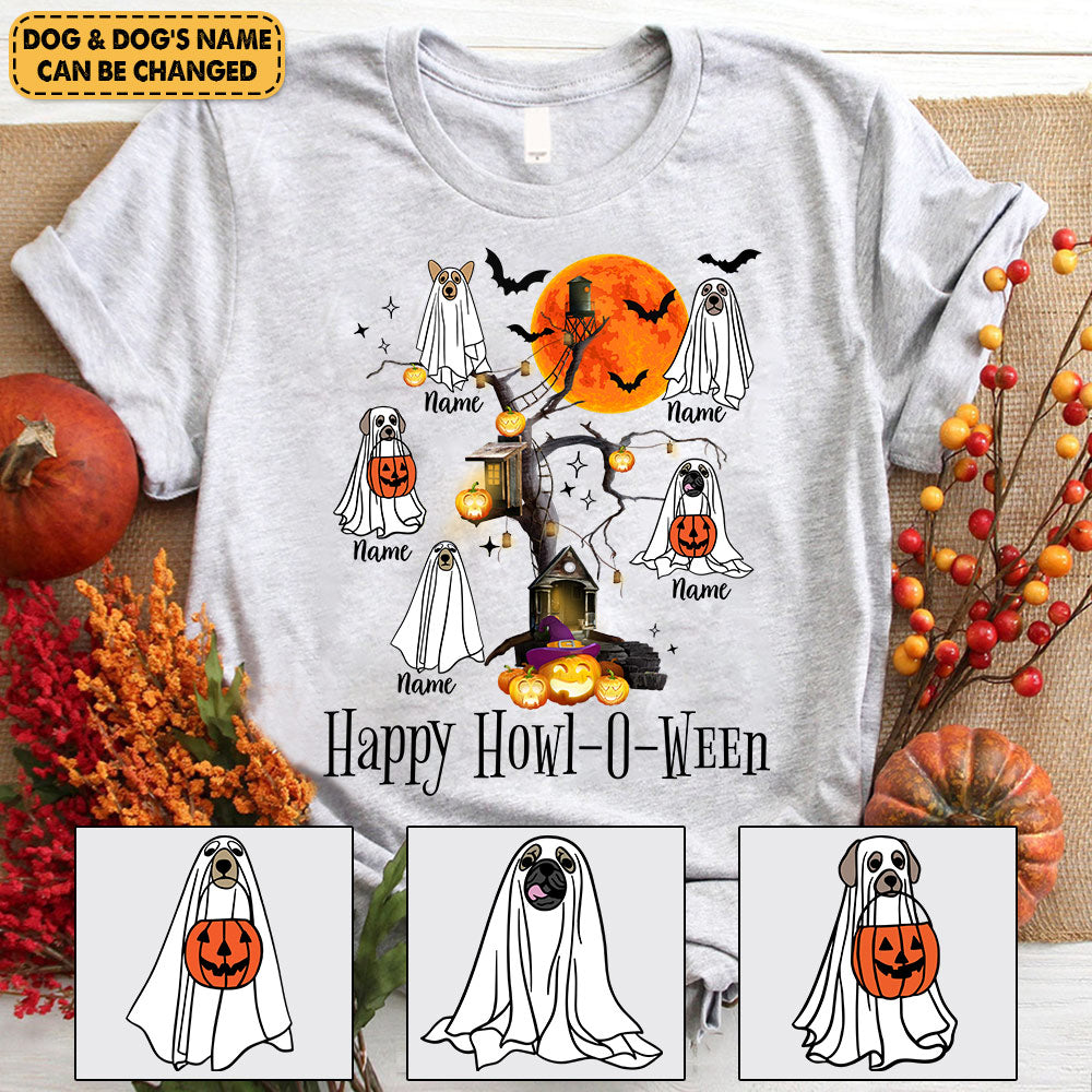 Personalized Shirt Happy Howl-O-Ween Tree With Little Ghost Dog Halloween Shirt For Dog Lovers H2511