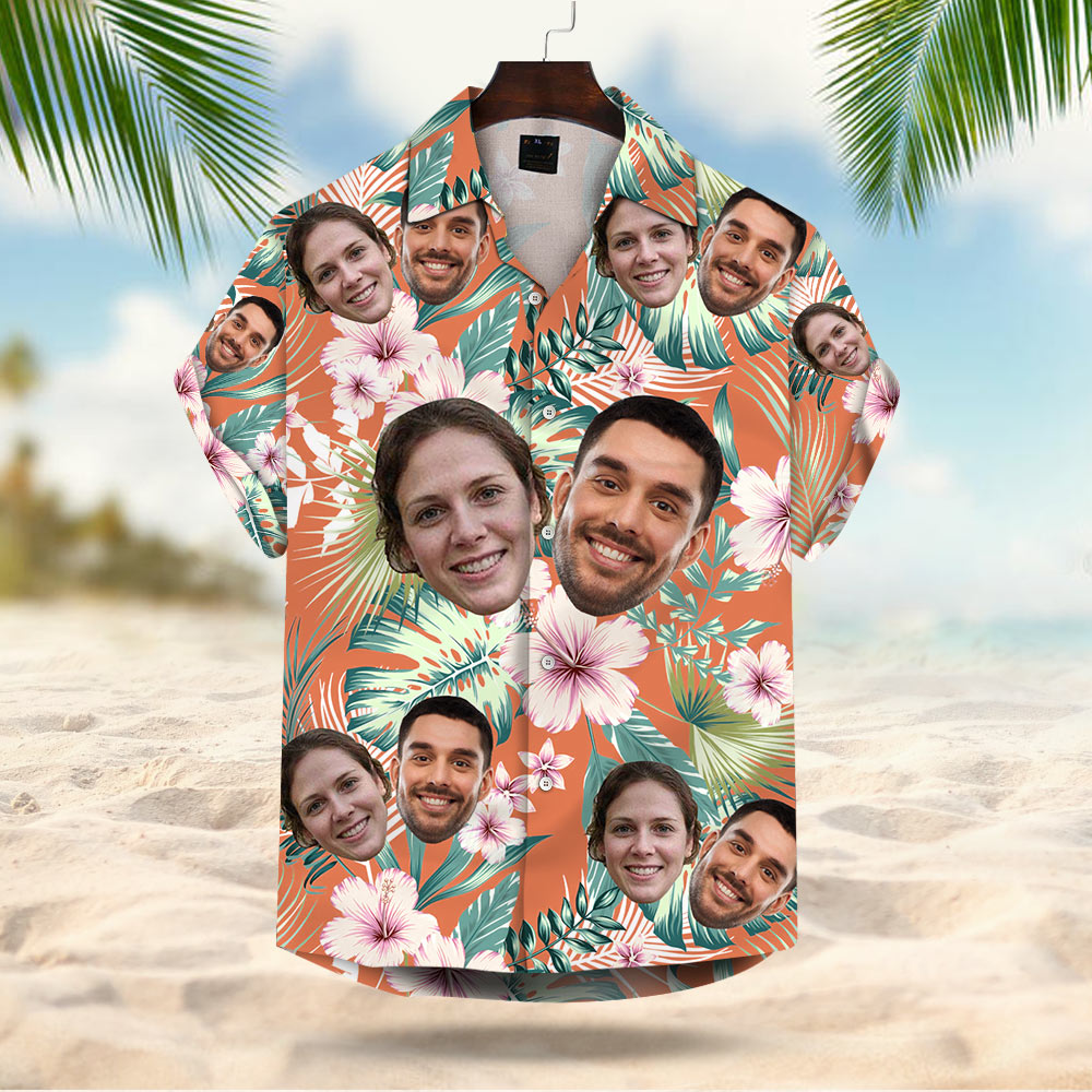 Custom Face Leaves & Flowers Pattern Hawaiian Shirt Aloha Shirt For Men For Her