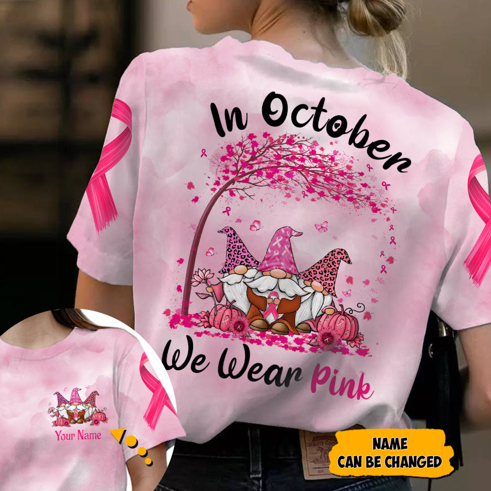 In October We Wear Pink, All Over Print Shirts For Breast Cancer Family Member, Leopard Print Gnomes, Name Can Be Changed