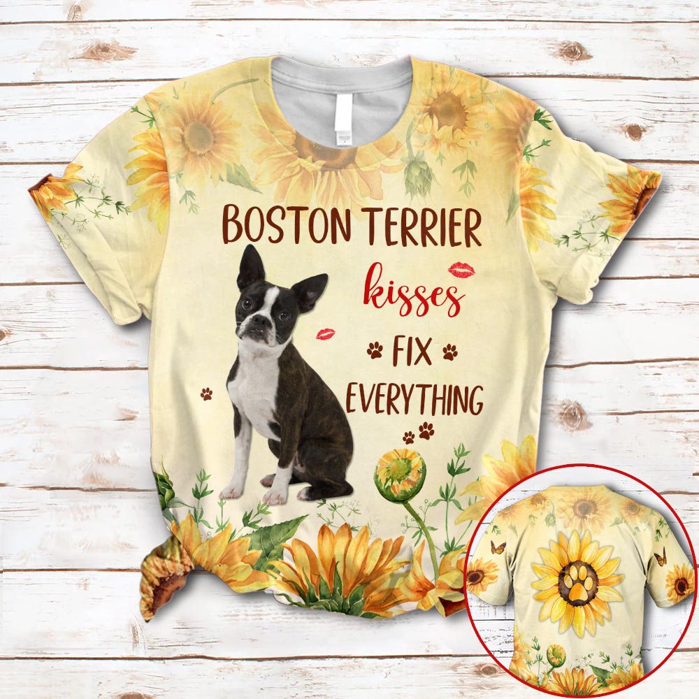 Boston Terrier Kisses Fix Everything Sunflower Background Pattern All Over Print Shirts For Dog Mom Dog Lovers