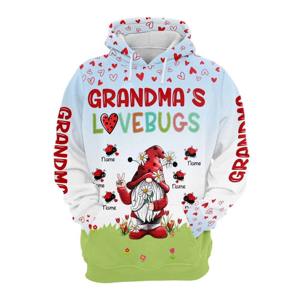 Personalized Grandma's Lovebugs 3D Shirt Grandma With Grandkids Name Gnomes 3D All Over Print Shirt Hoodie Zip Hoodie