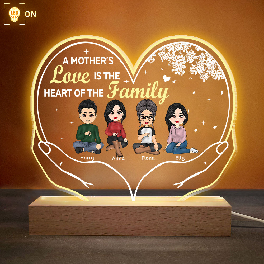 A Mother's Love Is The Heart Of The Family - Personalized 3D LED Light Wooden Base - Mother's Day, Birthday Gift For Mom, Mother
