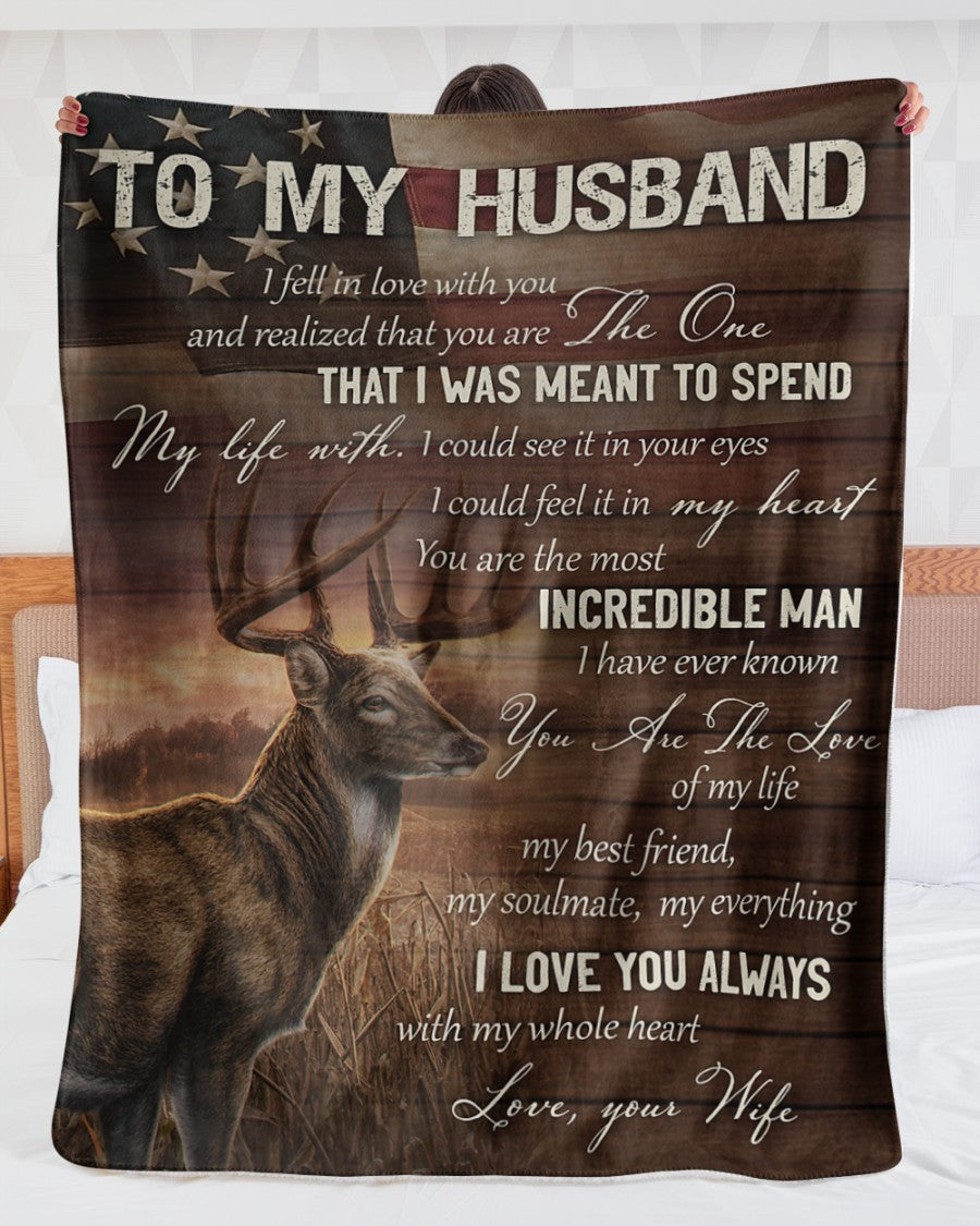 To My Husband Deer  Us Flag Blanket From Wife, To My Husband I Fell Love With You And Realized That You Are Deer Blanket Gift For Husband.