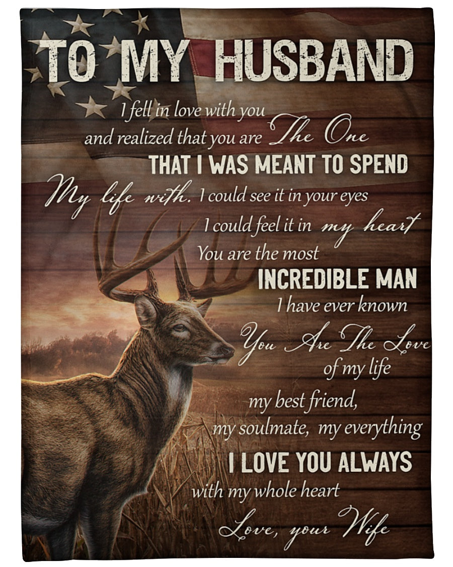 To My Husband Deer  Us Flag Blanket From Wife, To My Husband I Fell Love With You And Realized That You Are Deer Blanket Gift For Husband.