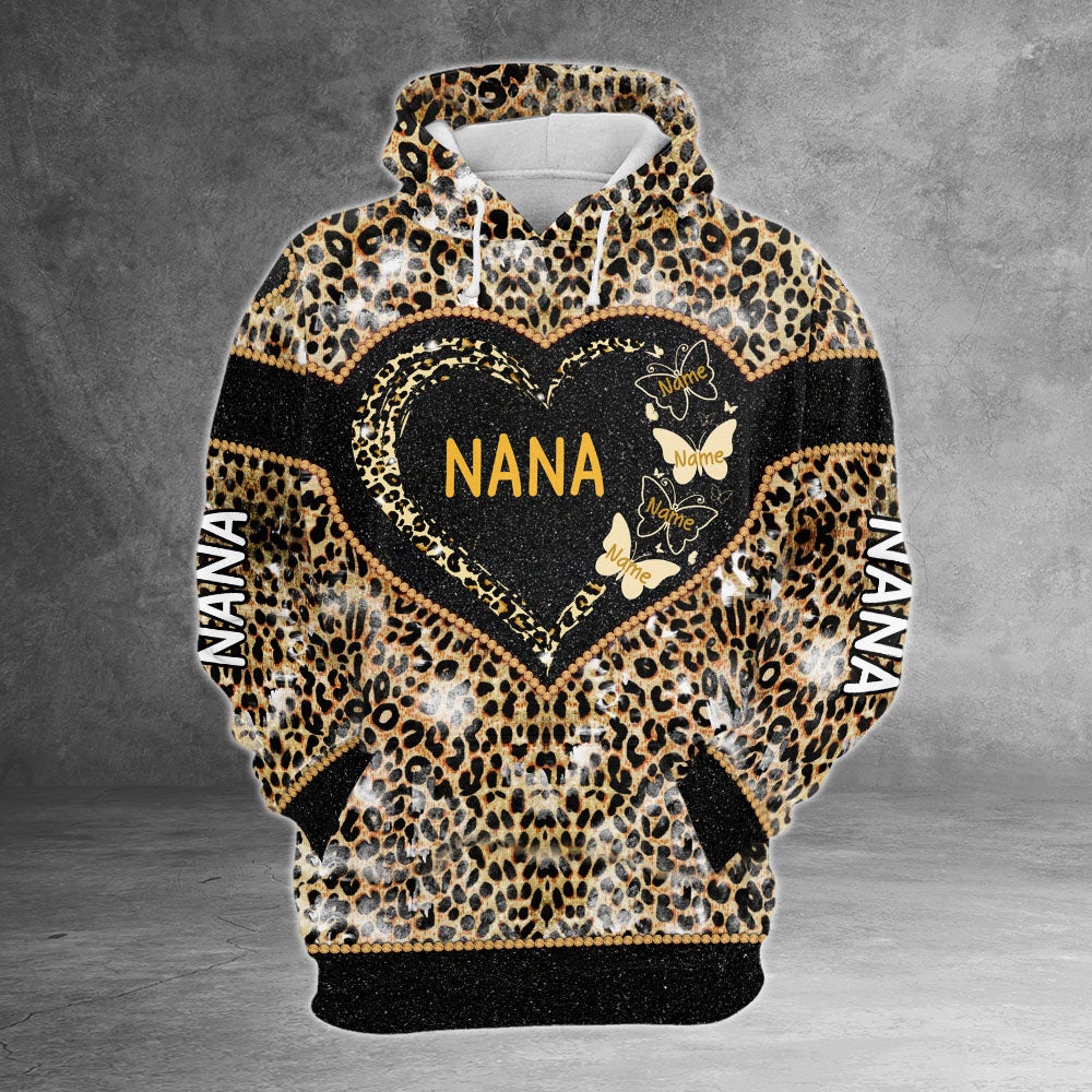 Personalized Nana Heart Butterflies Leopard Pattern 3D Shirt Nana With Grandkids Name Leopard 3D All Over Print Shirt Hoodie Zip Hoodie