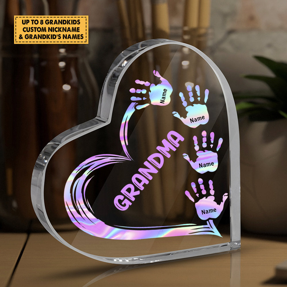 Custom Acrylic Plaque Gift For Grandma - Personalized Gifts For Grandma - Grandma Heart With Hologram Handprints Acrylic Plaque