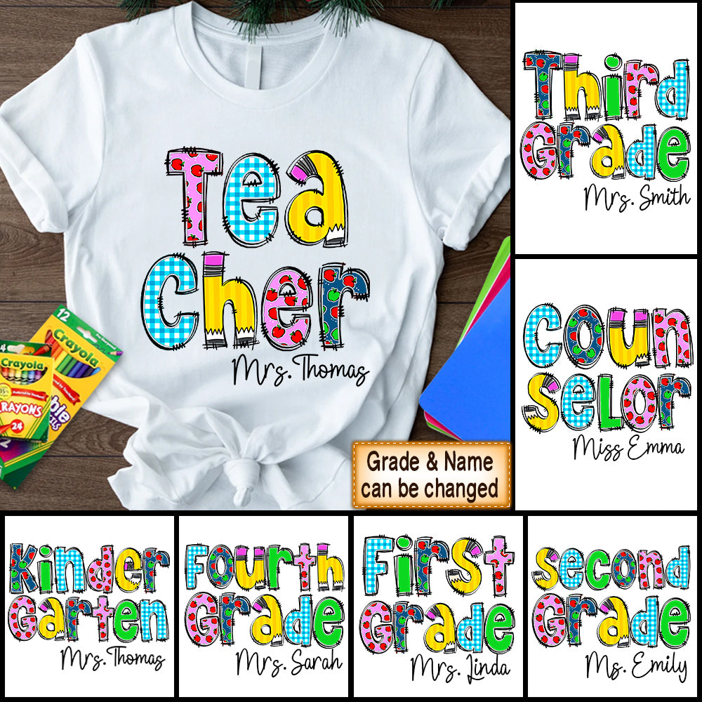 Personalized Grade Level And Title Shirt Cute Apple Pattern For Teacher Hk10