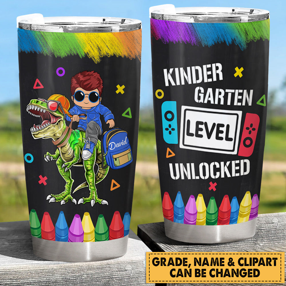 Personalized Kindergarten Level Unlocked, Riding Dinosaurs, Colorful Crayons, Back To School Tumbler For Kid