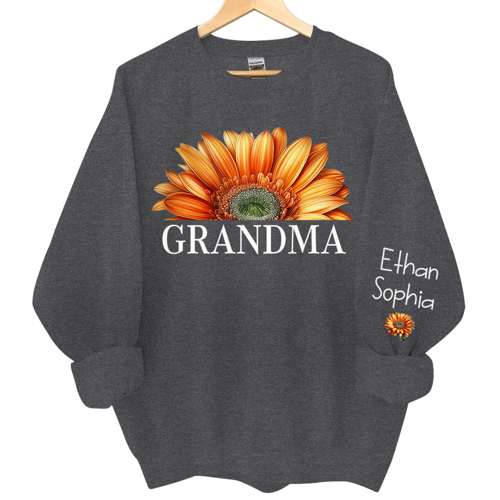 Personalized Grandma Watercolor Daisy Sweatshirt, Custom Grandma Shirt With Kids Name On Sleeve