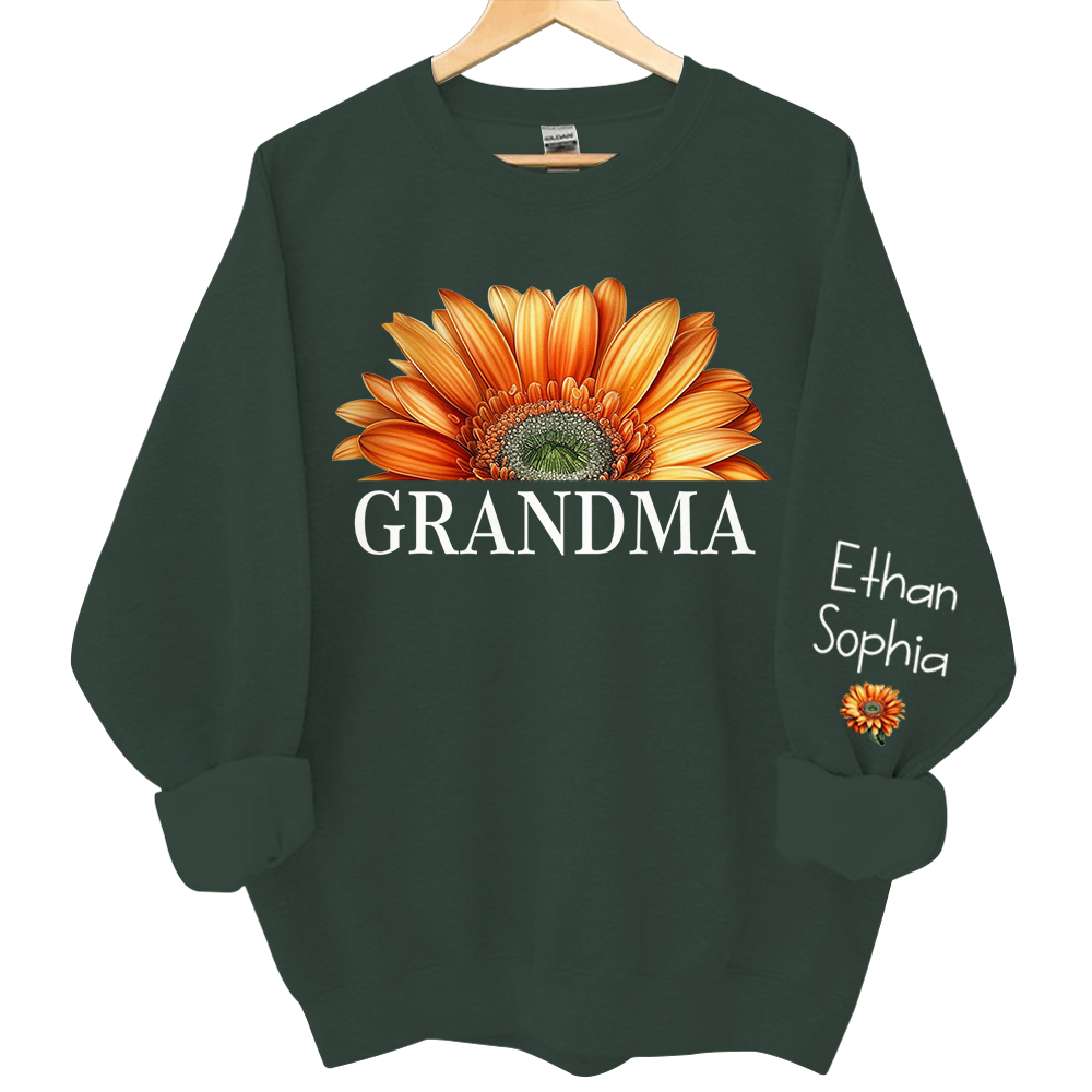 Personalized Grandma Watercolor Daisy Sweatshirt, Custom Grandma Shirt With Kids Name On Sleeve