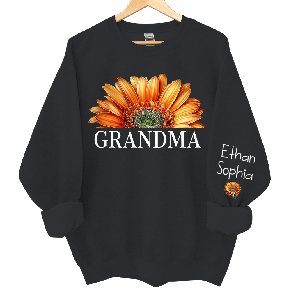 Personalized Grandma Watercolor Daisy Sweatshirt, Custom Grandma Shirt With Kids Name On Sleeve