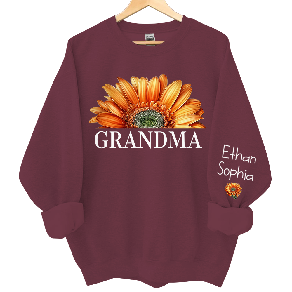 Personalized Grandma Watercolor Daisy Sweatshirt, Custom Grandma Shirt With Kids Name On Sleeve