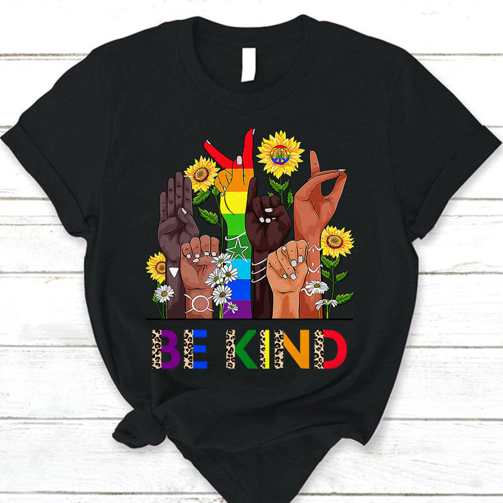 Be Kind Sign Language With Leopard Pattern Pride T-Shirt For Lgbt Community