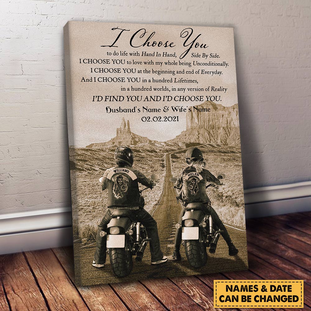 Personalized Couple Motor Biker Canvas I Choose You To Do Life With Hand In Hand Side By Side Biker Canvas